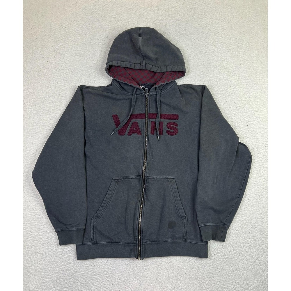 Vans Hoodie Mens Medium‎ Gray Full Zip Fleece Lined Burgundy Logo Checkered Hood